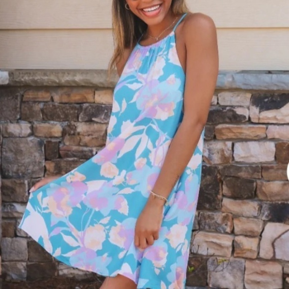 Boho Chic Floral Halter Mini Dress in Blue and Pink, Summer
